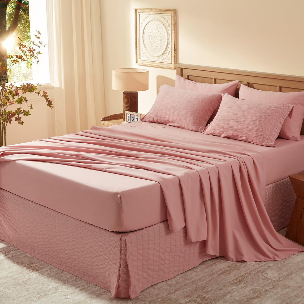 Comforter Sets 7 Pieces, Pink Seersucker Bed in a Bag Set, All Season Luxury Bedding Sets with Comforter