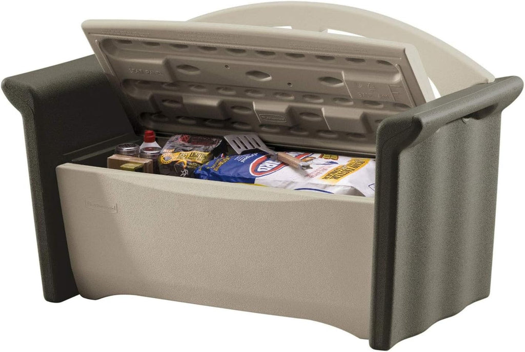 Resin Outdoor Storage Bench (32 Gal), Weather Resistant, Brown/Grey, Deck Organization /Backyard/Pool