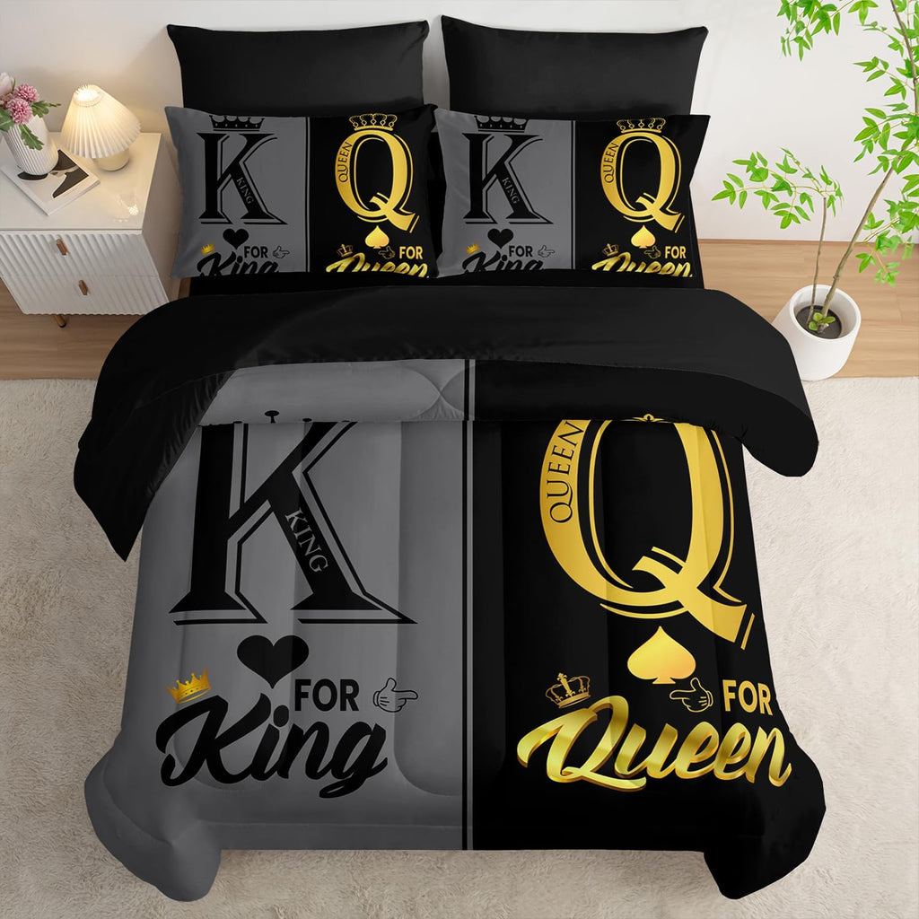 King and Queen Crown Comforter Set Black and Gray Couple Bedding Set,7Pcs Mr Mrs Comforter Set for Adults Couple Men - Set of 7