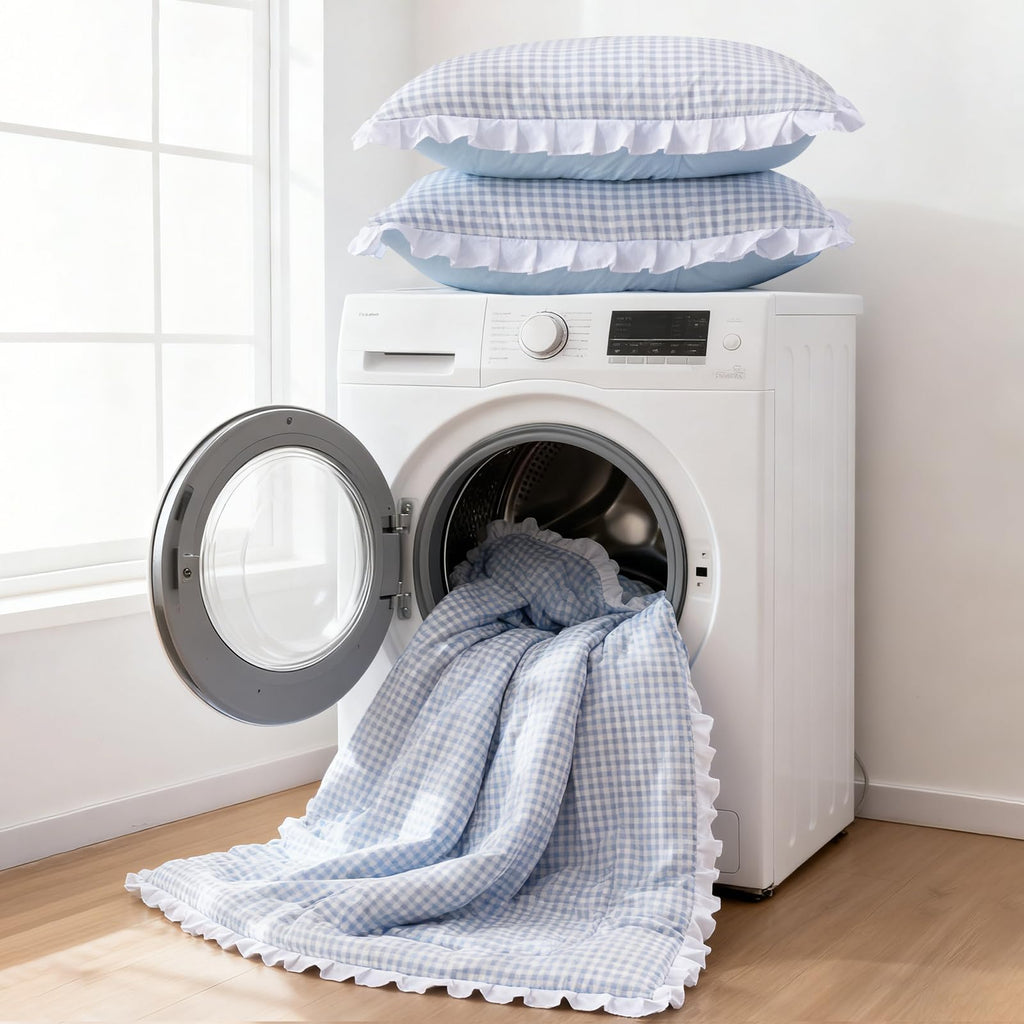 Blue Plaid Ruffle Comforter Sets 5Pcs Bedding