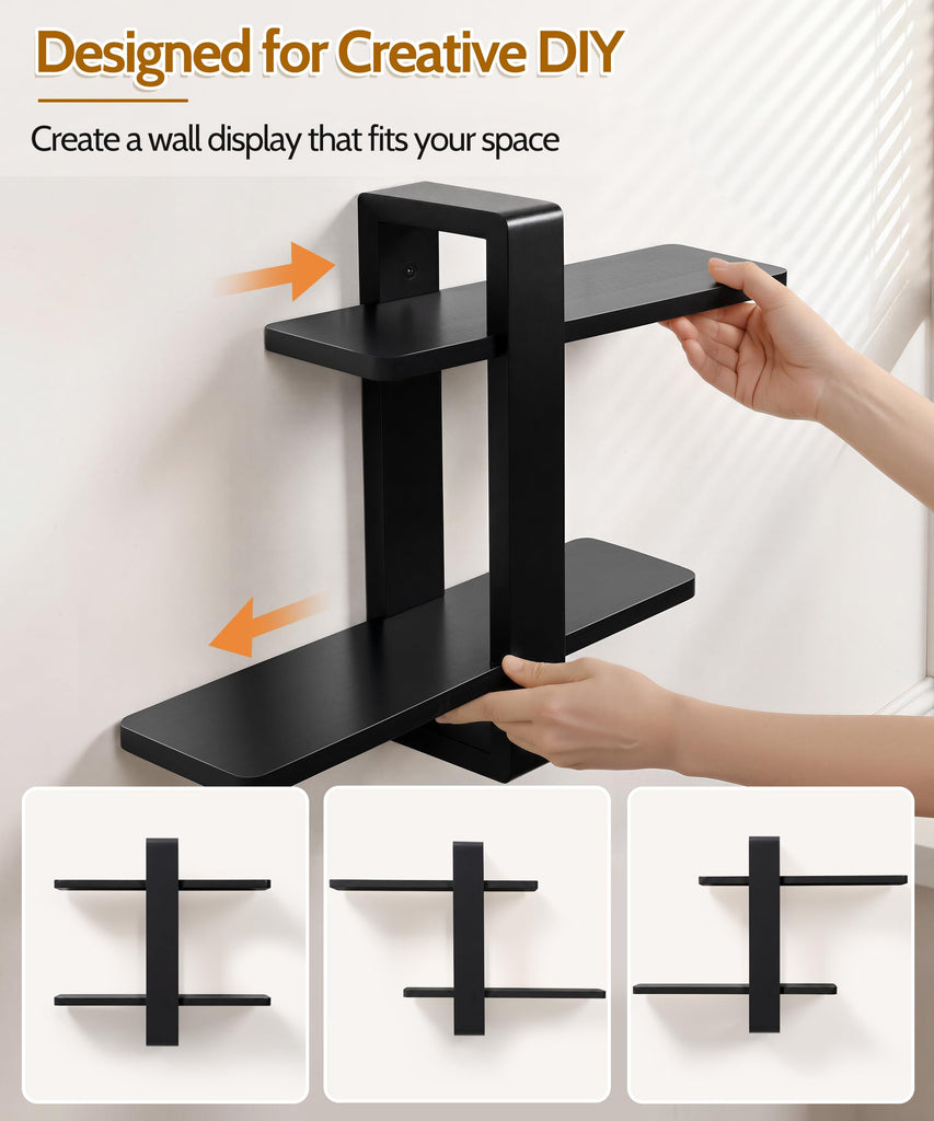 Black Floating Shelves for Wall, 2 Tier Adjustable Shelf Unit