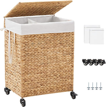 2-Section Laundry Hamper with Lid, Large Capacity Woven Natural Water Hyacinth Laundry Sorter with Removable Liners