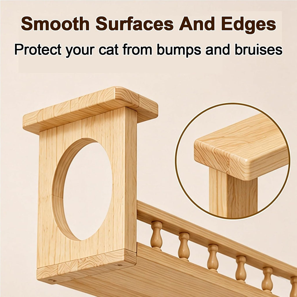 Solid Wood Cat Bridge Ceiling Mounted, Saving Cat Walkways for Walls, with Fence for Indoor Cats Lounging and Play