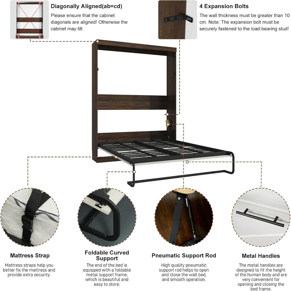 Full Murphy Bed with 2 LED Lights, Farmhouse Wood Hidden Foldable Wall Bed Frame w/Gas Struts, Storage Bed Cabinet