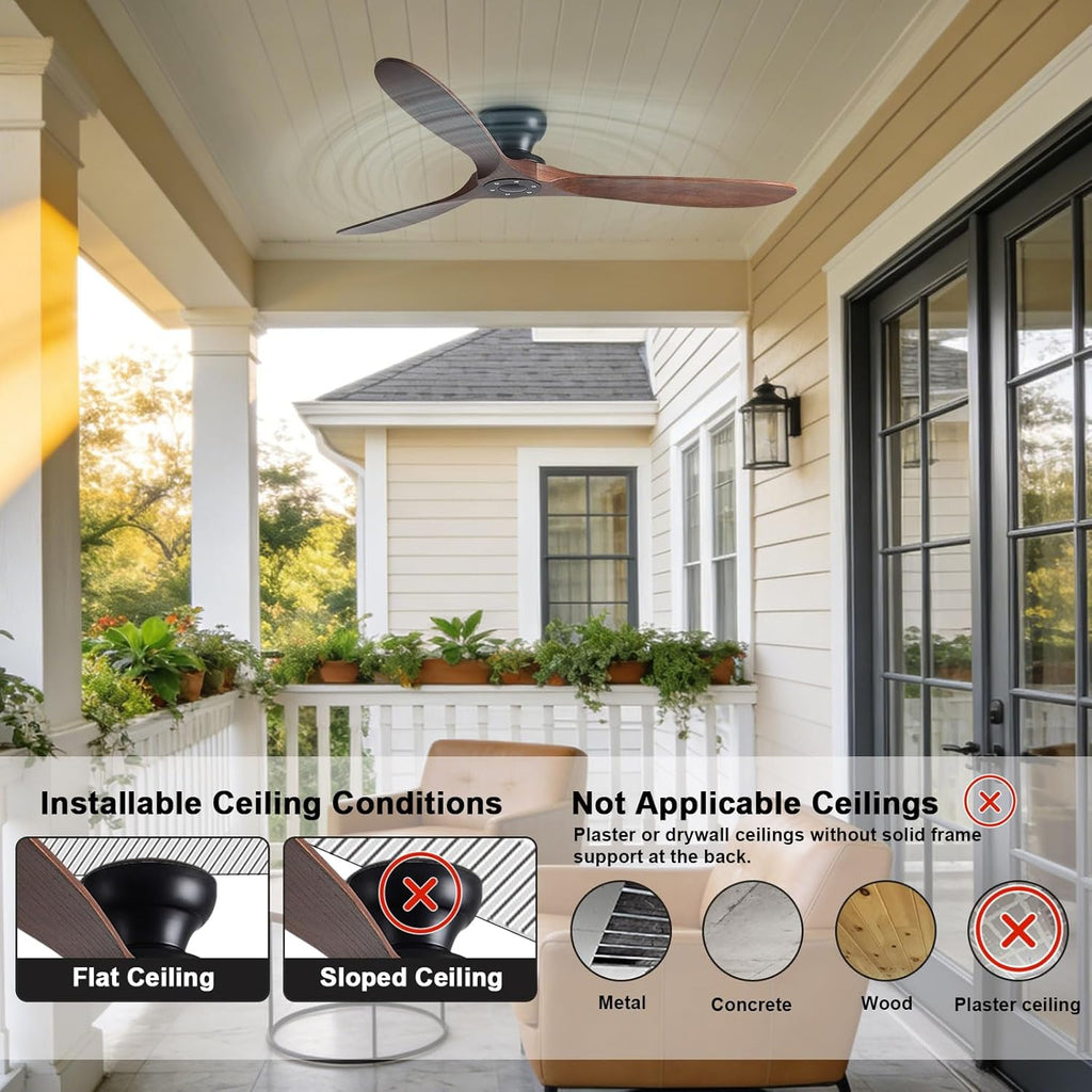 Solid Wood 60in Ceiling Fan Without Lights Flush Mount Ceiling Fans with Remote Control 6 Speeds