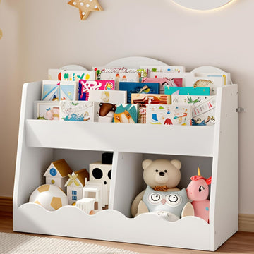 Kids Bookshelf and Toy Storage, Children's Bookcase with 2 Toy Cubes, Toddler Book Shelf for Kids Room, Wooden Book