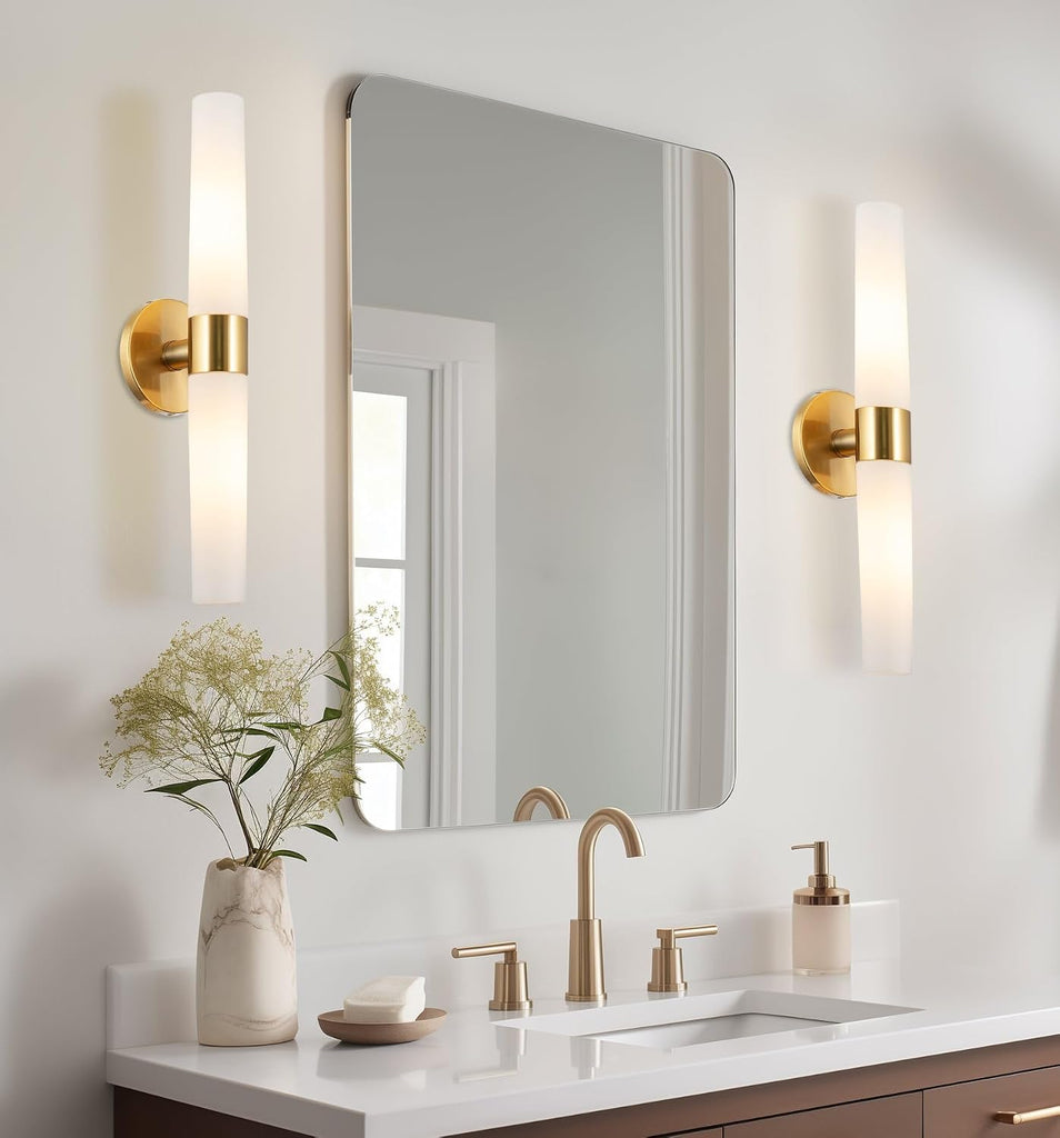 Duo 21" Modern Gold Wall Sconce with Frosted Glass Cylinder Shades, Linear 2-Light Gold Wall Light, Cool Brass Finish