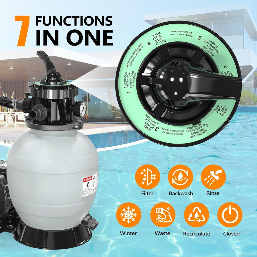 24H Timer) 12 in Sand Filter Pump with Filter Balls, 1585 GPH 1/2 HP High Efficiency Pool Pump with 7-Way Valve for