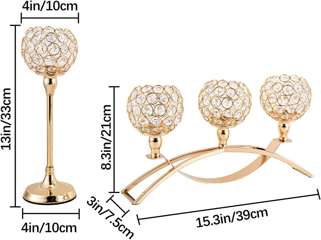 Set of 3 Gold Candle Holders Wedding Table Centerpieces,Tealight Candlestick Candelabra Stand with 3 Arms for