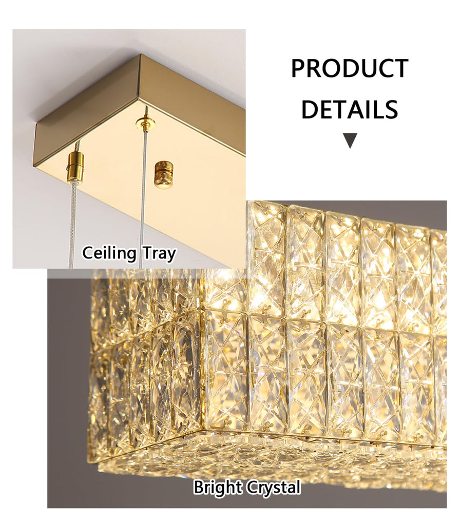 Rectangular Crystal Chandelier Dimmable LED Linear Chandeliers Remote Ceiling Pendants Light Fixture Island Gold