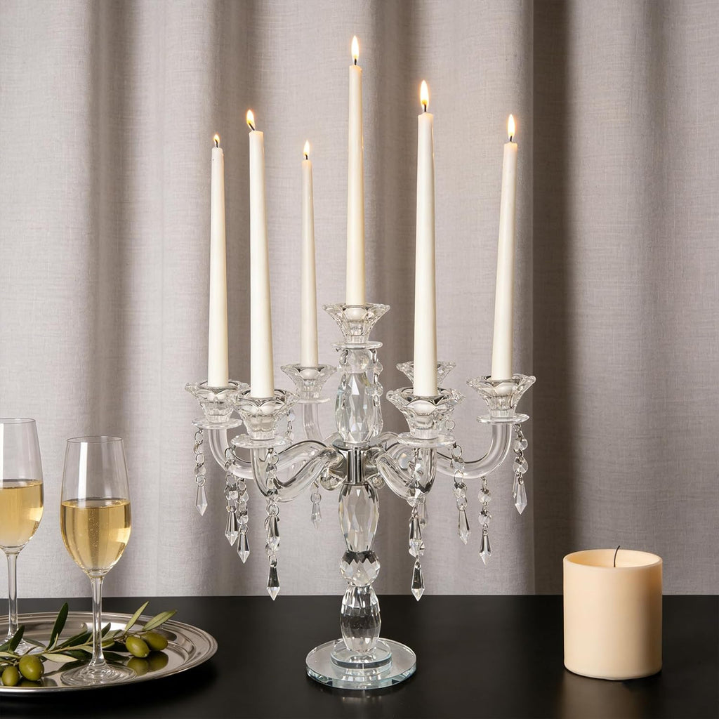 14inch Clear Crystal Candle Holder, Elegant 7-Arms Candlestick Holders Crystal Candelabra Decorative Pillar Candle