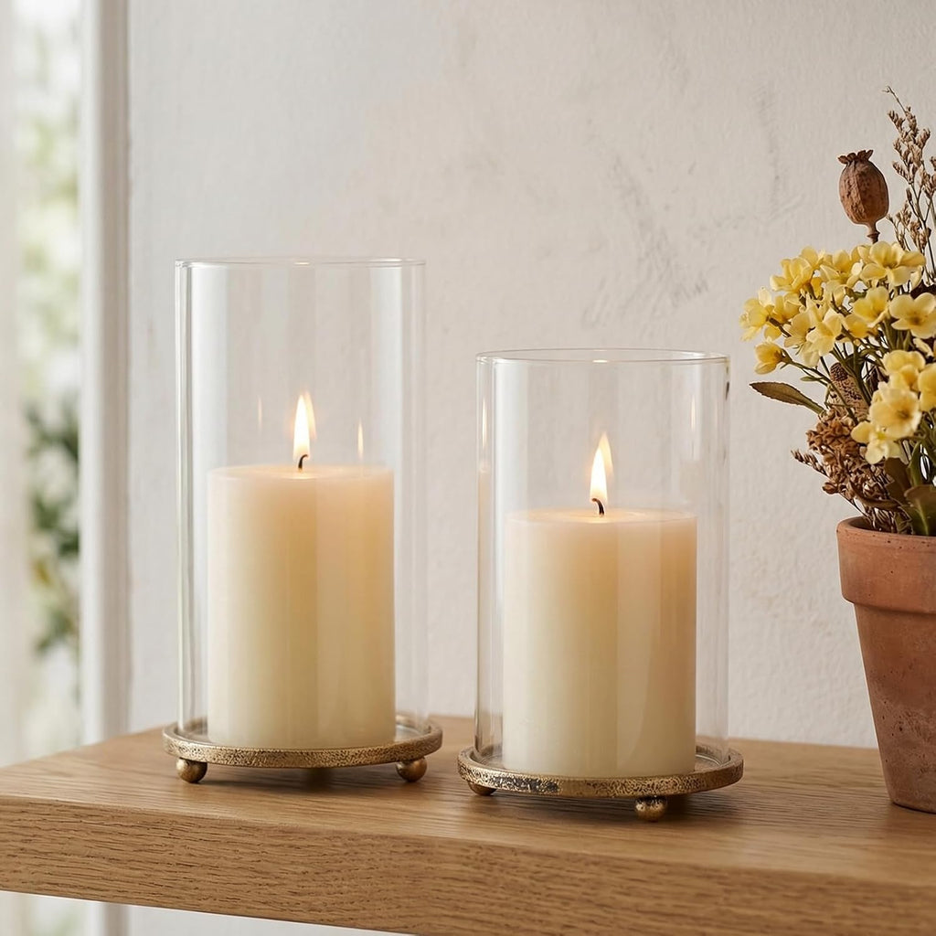 Hurricane Candle Holders Set of 2 - Pillar Candle Stands with Glass Sleeves for Fireplace Mantel & Dining Table
