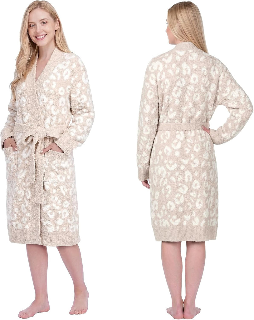Premium Plush Robe for Women, Soft Cozy Fuzzy Bathrobe with Pockets, Warm Mid-Length Lounge Robe with Tie Belt