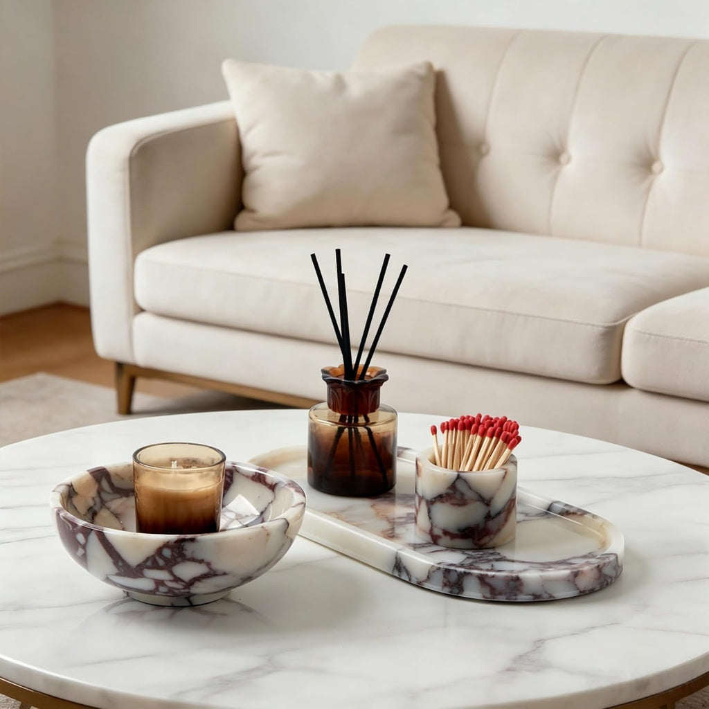 Luxury Natural Marble Catchall Bowl - Small 5.9-Inch Calacatta Viola Marble Table Key Holder, Decorative Jewelry Dish
