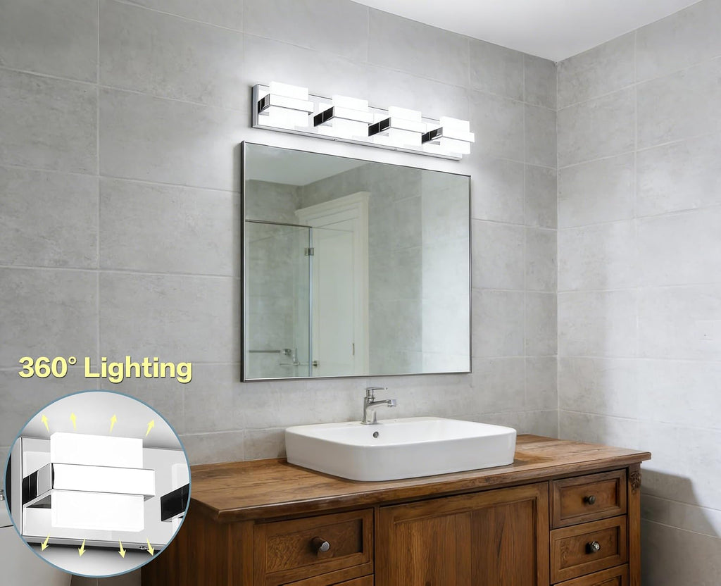 Modern Vanity Light Chrome, 32W Dimmable LED Bathroom Light Fixture Over Mirror, 2560LM Bright Minimalist Vanity