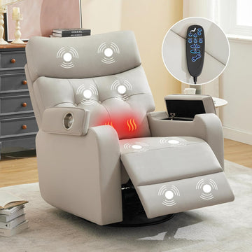 Swivel Rocker Recliner with Massage & Heat, PU Leather Rocking Recliner with Type-C Port & Timing, Oversized Power