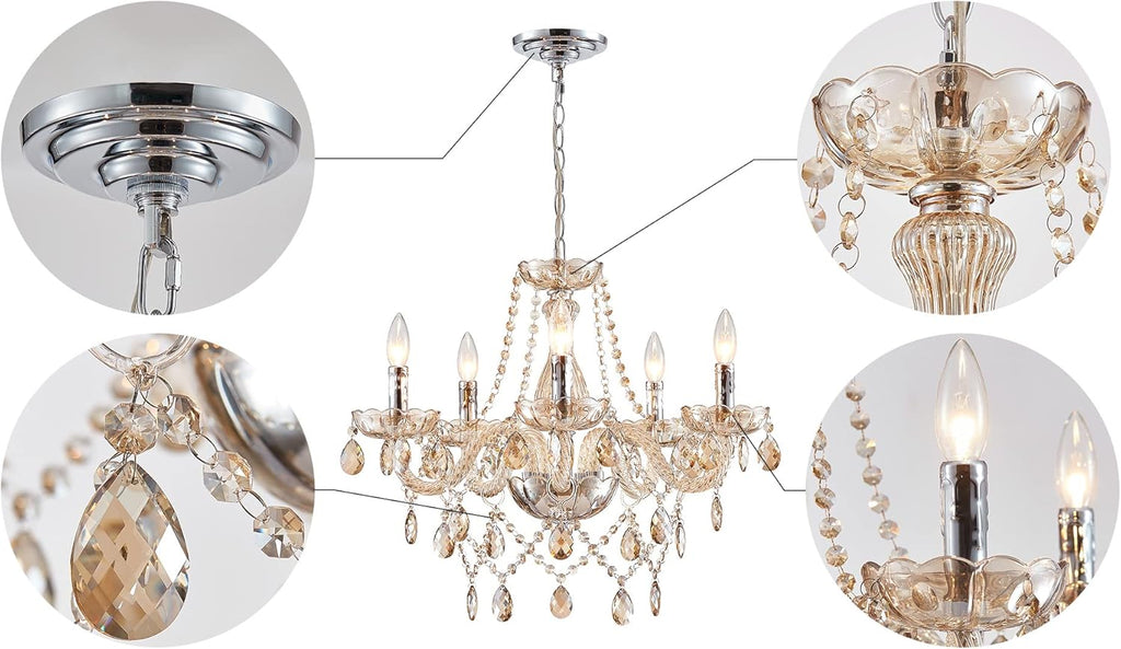 5 Light Modern K9 Crystal Chandelier for Dining Room, Pendant Ceiling Lighting Fixture for Bedroom, Living Room, Champagne Crystal