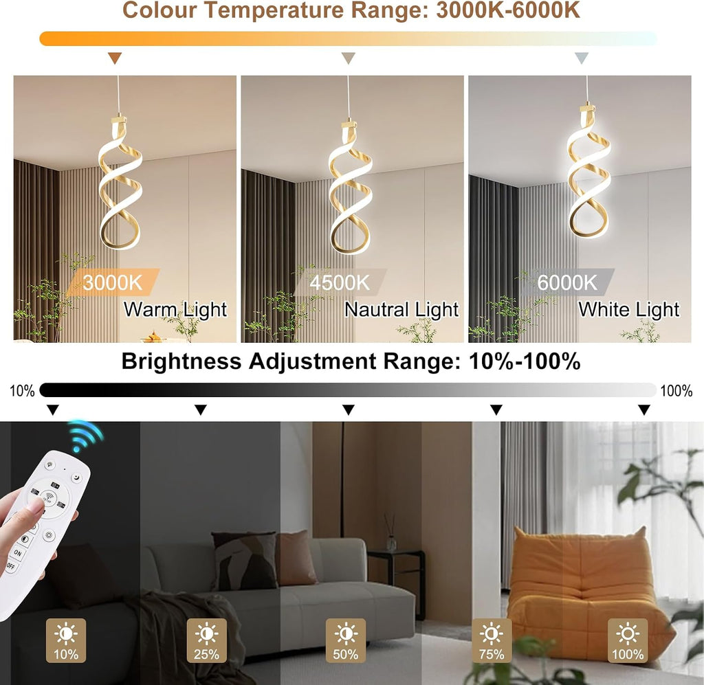 Modern Led Pendant Light Fixture, 15W Spiral Led Chandelier Hanging Lamp, 3000K-6000K, Dimmable Pendant Lamp