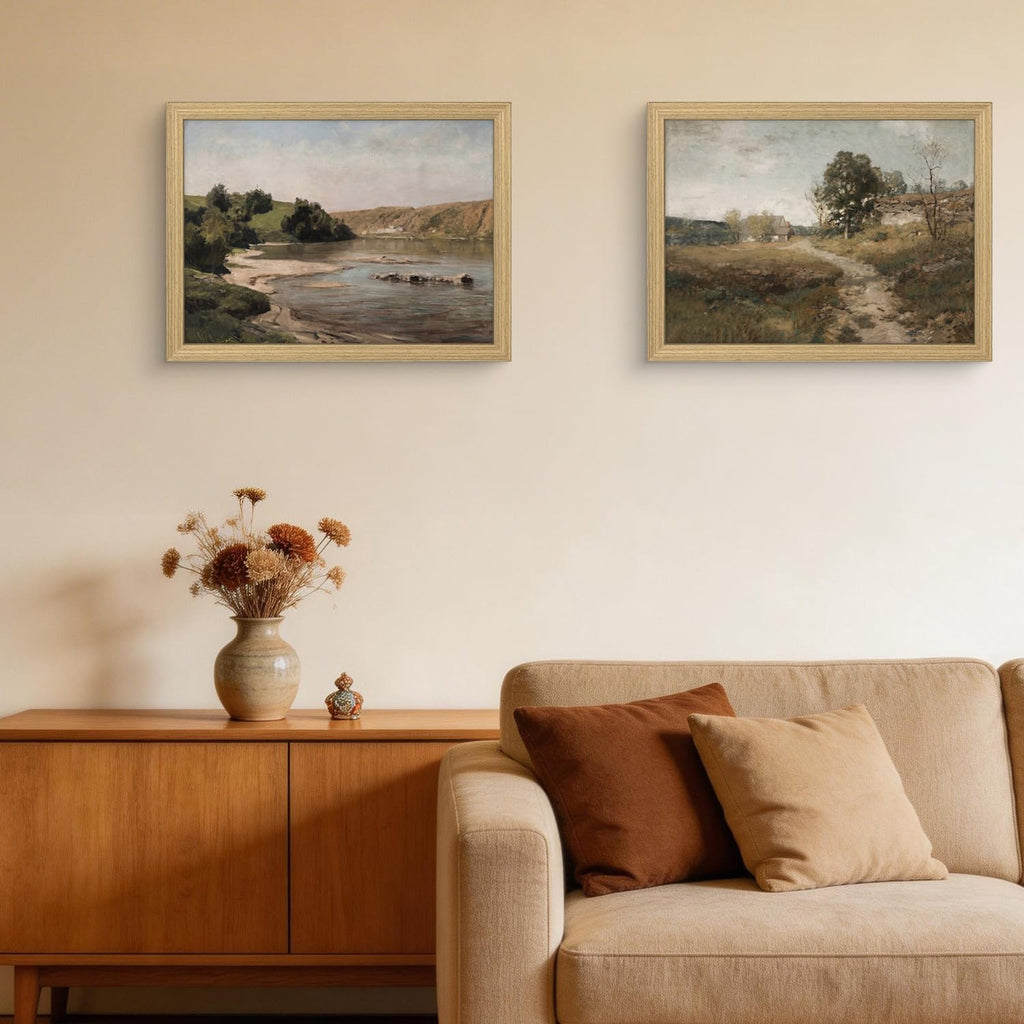Framed Vintage Landscape Canvas Wall Art 2Pcs Rustic Prints Countryside River Artwork Gallery Style Posters Pictures