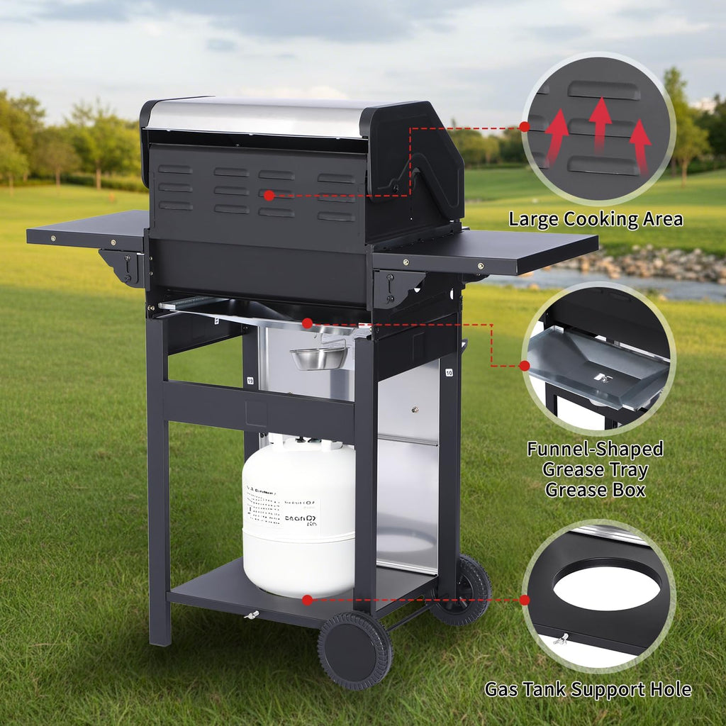 3-Burner Propane Gas Grill, 30,000 BTU Outdoor BBQ Grill with Cast Iron Grates, Double-Layer Stainless Steel Lid and Foldable Side Shelves