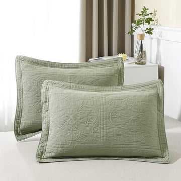 100% Cotton Quilted Pillow Sham Floral Printed Pillow Cover Sage Green, Standard Size, 20 x 26 Inch