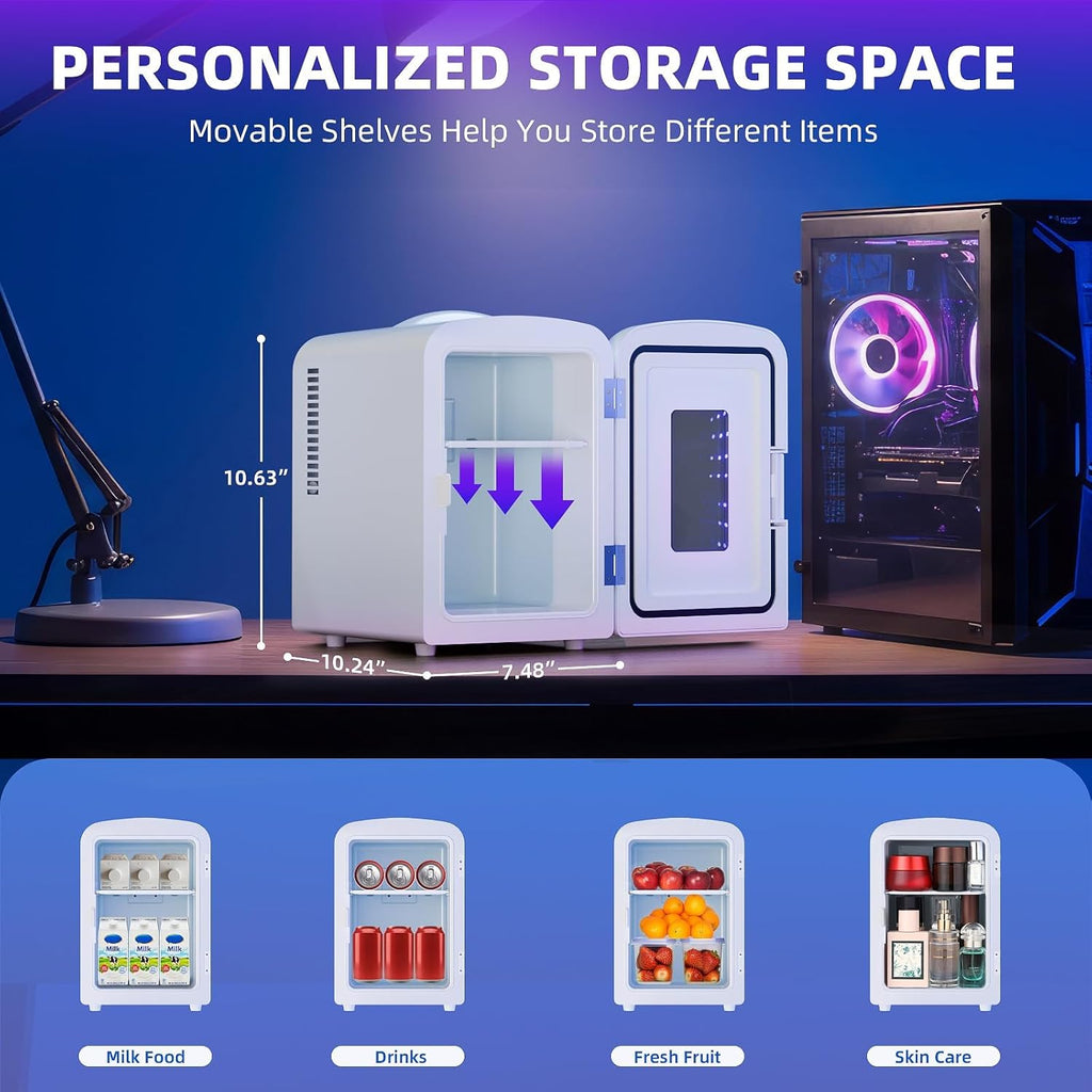Mini Fridge 4 Liter/6 Cans Portable Mini Compact Refrigerator with Gaming Light, for Bedroom,Car,Office and Dorm