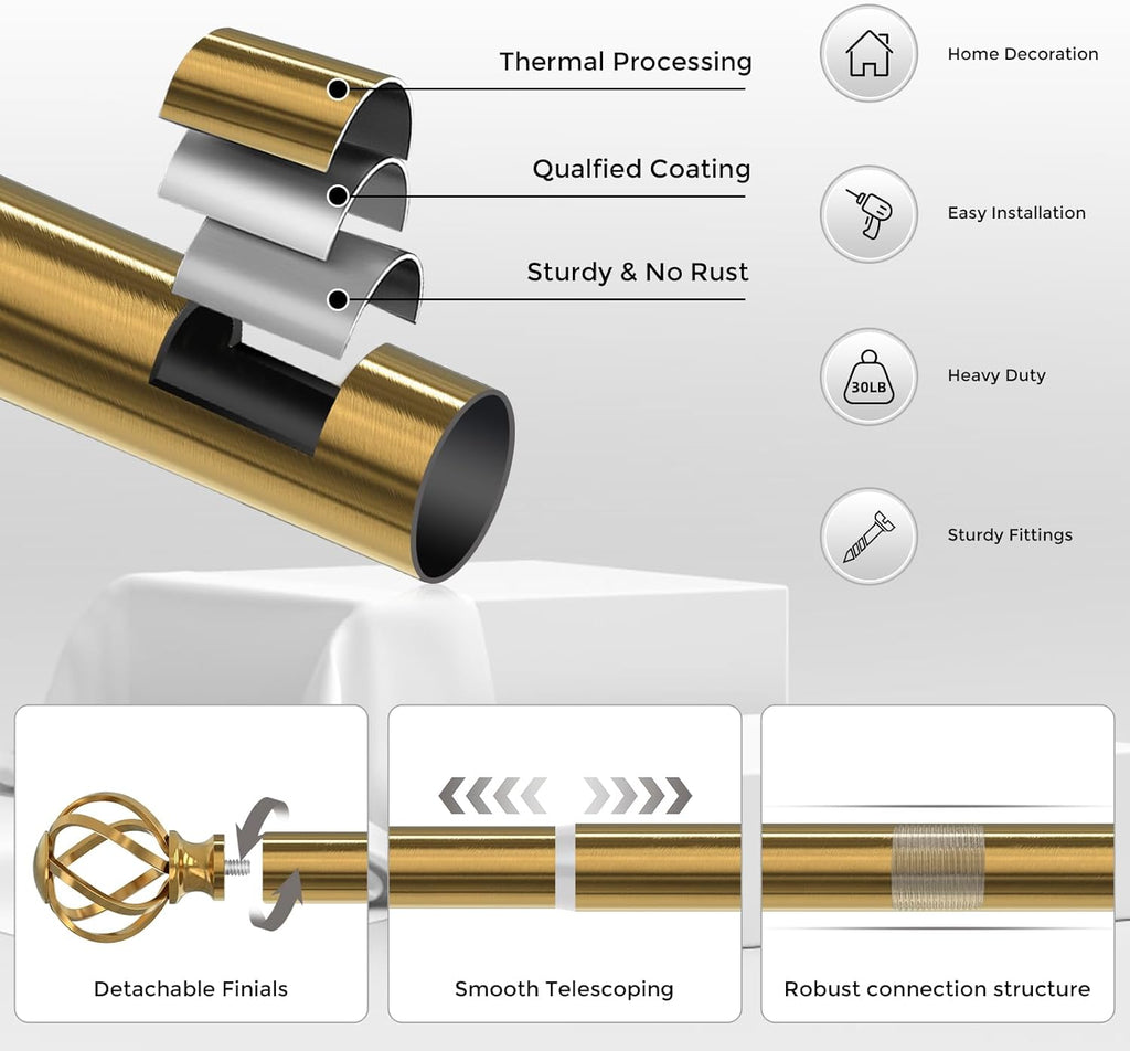 Gold Curtain Rod, Brushed Brass Decorative Curtain Rods for Windows with Twisted Cage Finials, 3/4"