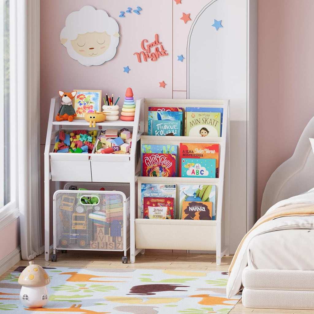 Kids Bookshelf Toy Storage Organizer & 2 Bins,3 Tier White | Kids Bookcase Equipped With Movable Drawer And 2 Toy