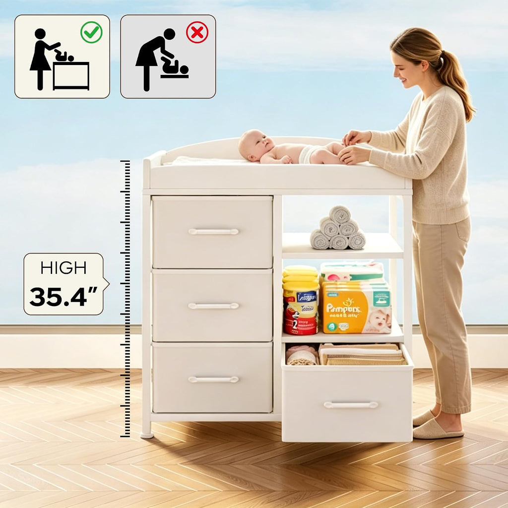 Baby Changing Table with 4 Drawers and 2 Shelves - Baby Dresser with Changing Table Top Diaper Changing Station with