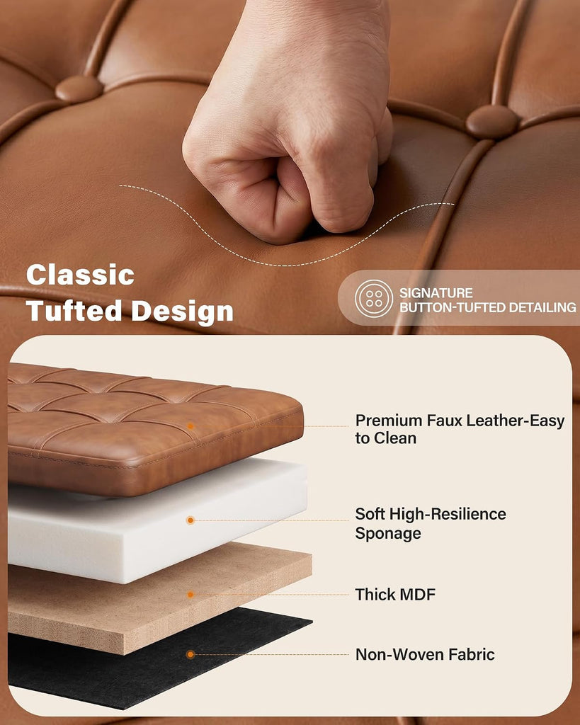 Entryway Bench, Modern PU Leather Upholstered End of Bed Bench Brown | Shoe Bench with Tufted Seat, 660 lb Capacity