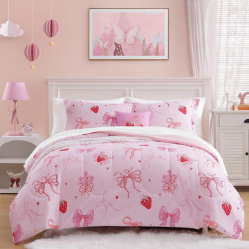 Comforter Set for Girls - 4 Pieces Pink Bow Bedding Sets for Kids, 1 Comforter, 2 Shams and 1 Decor Pillow