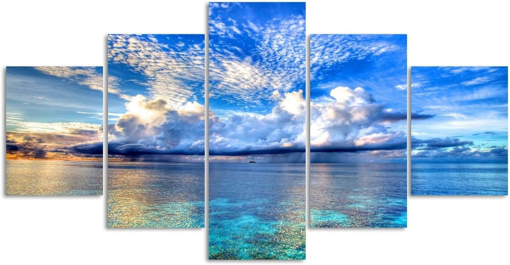 White Cloud Blue Sky Modern Seaside 5 Piece Giclee Seascape Canvas Prints Artwork on Canvas Landscape Wall Art Decor