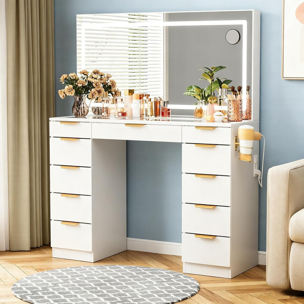 Glass Top Vanity Desk with Mirror and Lights, 11 Drawers Makeup Vanity with Charging Station, Golden Handles Dressing