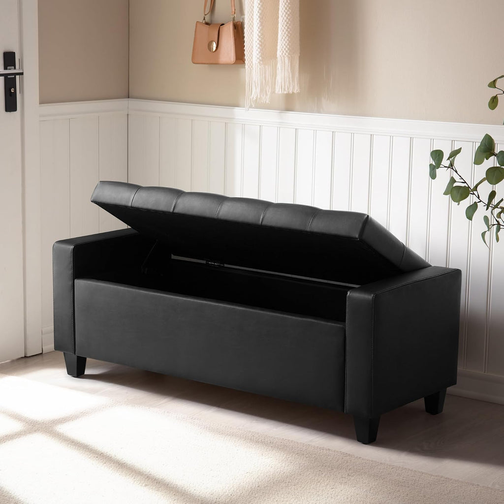 Ottoman with Storage, PU Leather Storage Ottoman Bench | Storage Bench with Safety Hinge,Bedroom Benches with Seating