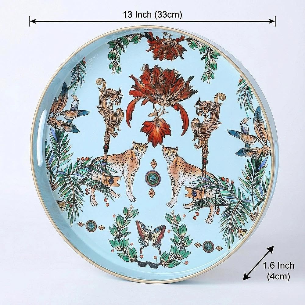 Round Decorative Tray, Marbling Plastic with Handles, Modern Vanity and Serving for Ottoman, Coffee Table, Kitchen