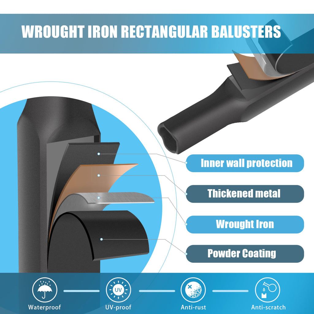 1/2 Inch Wrought Iron Rectangular Balusters - Hollow Iron Square Plain Bar Stair Balusters - Metal Spindles for
