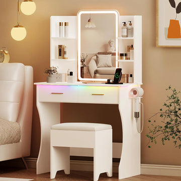 Vanity Desk with LED Lights Mirror & Power Outlet, Small Makeup Vanity Table Set with Storage Drawers & Chair, 3