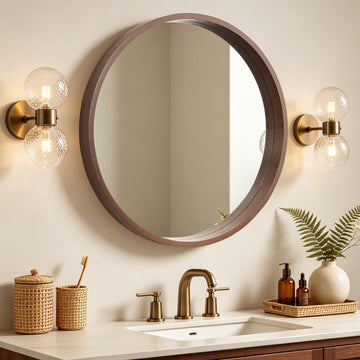28 Inch Wood Round Mirror, Farmhouse Circle Vanity Mirror, Wooden Frame Wall Mirror, Boho Style Wall Decor (Walnut)