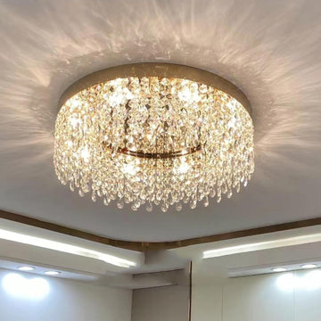 Modern Crystal Chandelier 24 inch Large Gold Chandeliers Ceiling Light Round Raindrop Chandeliers Flush Mount