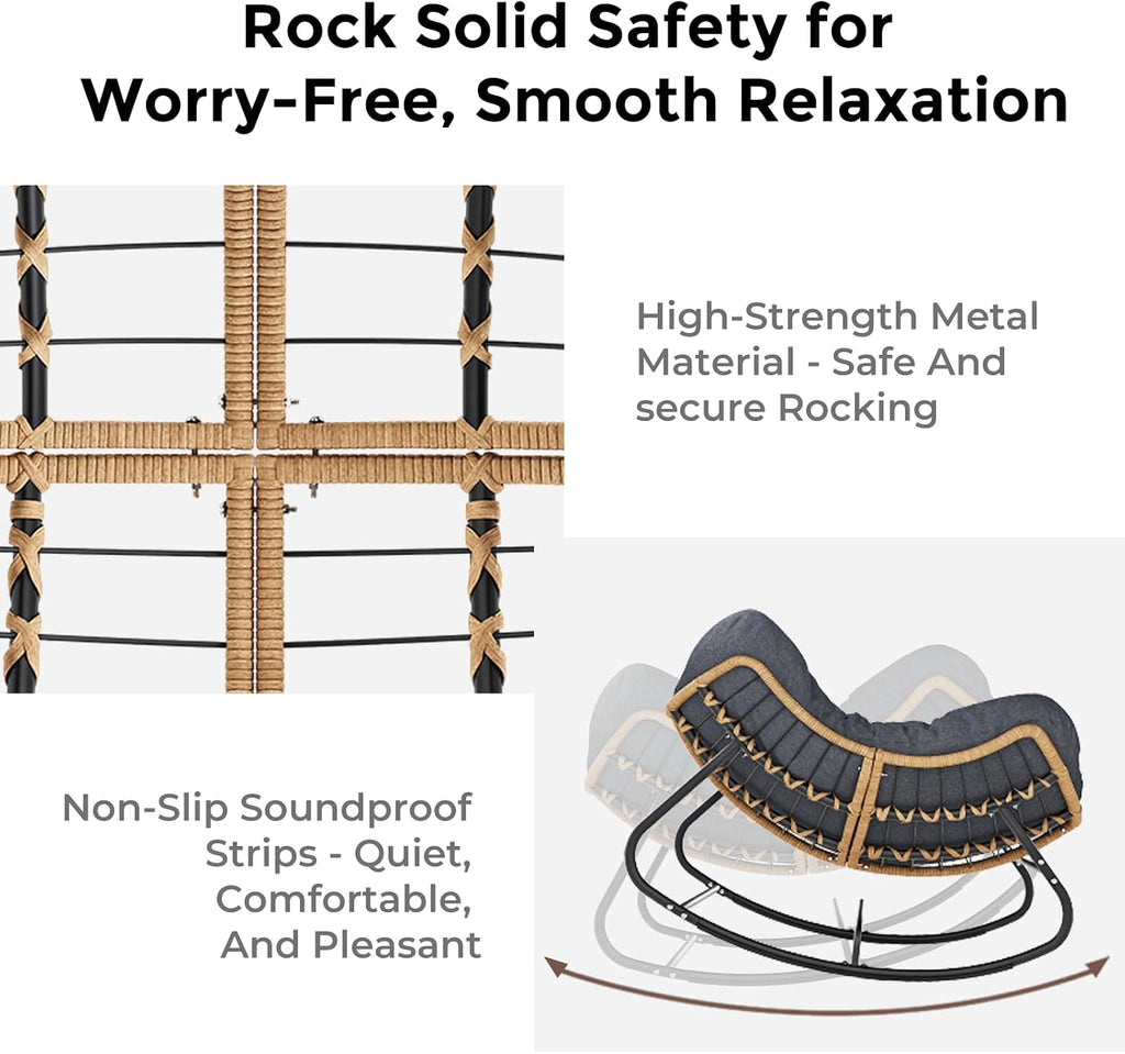 Papasan Rocking Chair Outdoor, Oversized Patio Egg Chair with Thick Cushion, Indoor Wicker Lounge Rocker Bed for