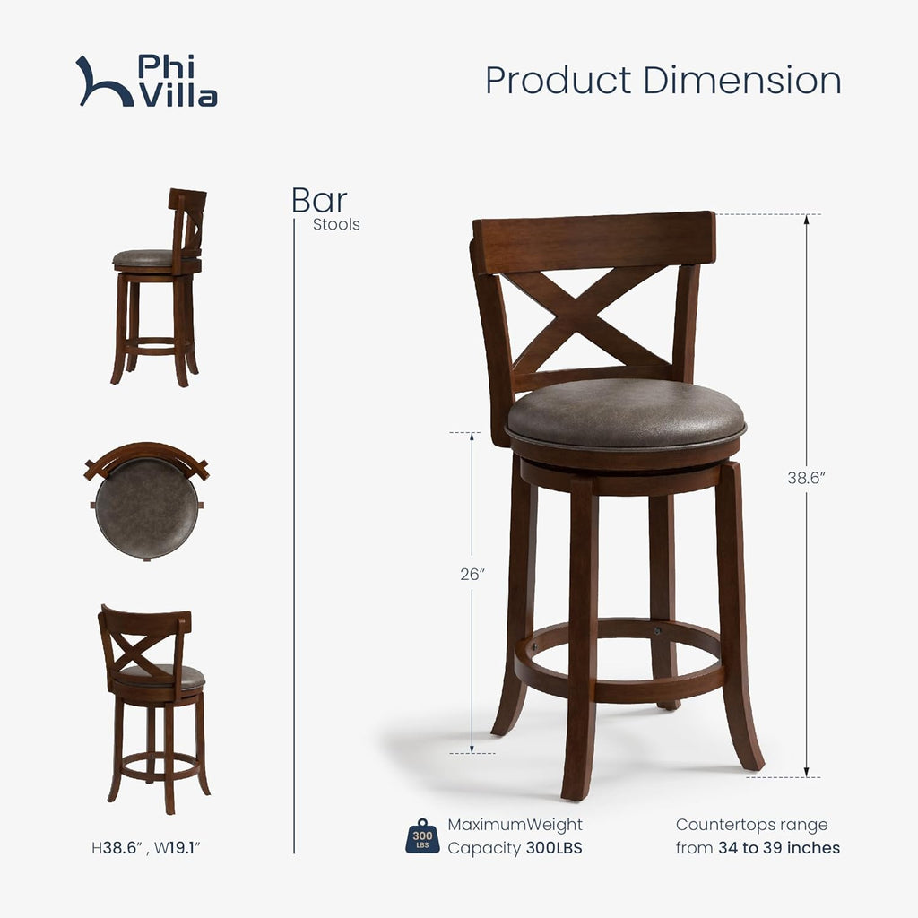 26 inch Counter Height Bar Stools Set of 4, Swivel Bar Stools with Back, Wooden Bar Chairs Faux Leather