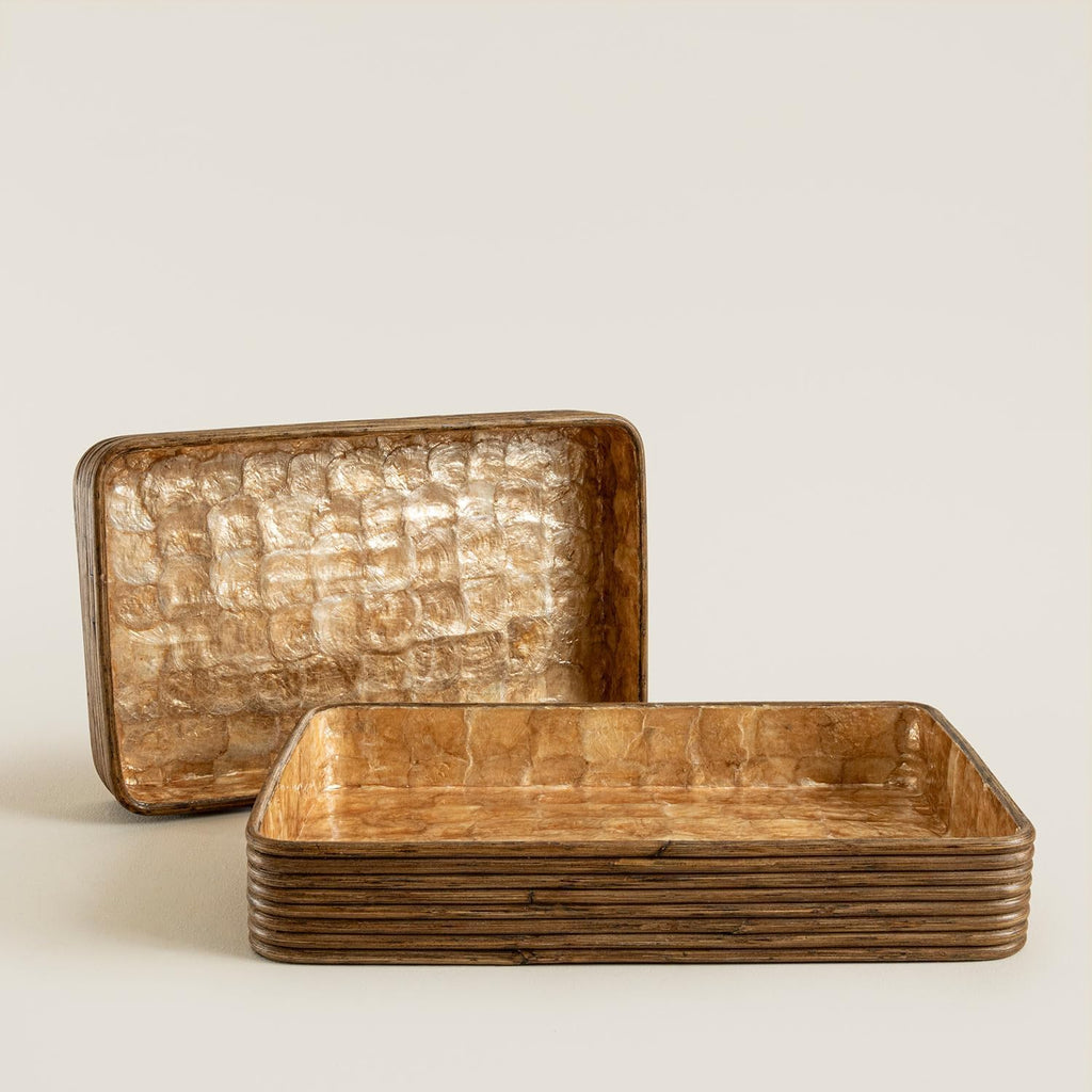 Innoq Square Decorative Ottoman Tray - 12 Inch Gold Capiz Shell & Rattan Serving Piece for Coffee Table Tray