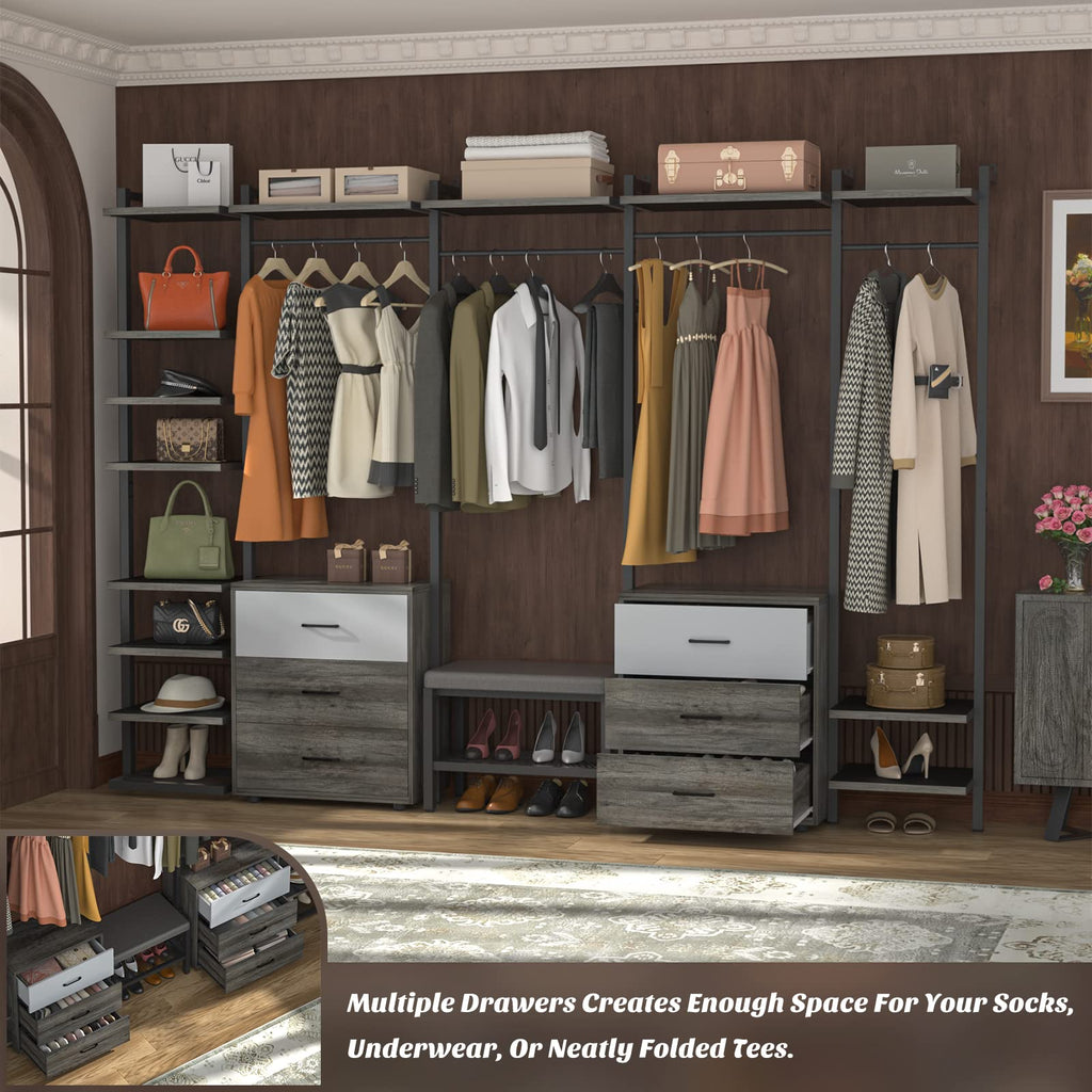 Wall Mounted Closet System, Closet Organizer with 6-Drawers & Rods