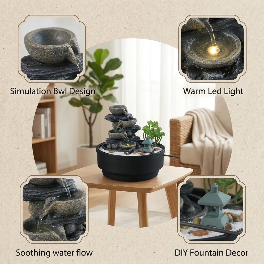 Natural Rocks Tabletop Water Fountain Indoor Water Fountains with 4-Tier Soothing Sound Desktop Waterfall with DIY