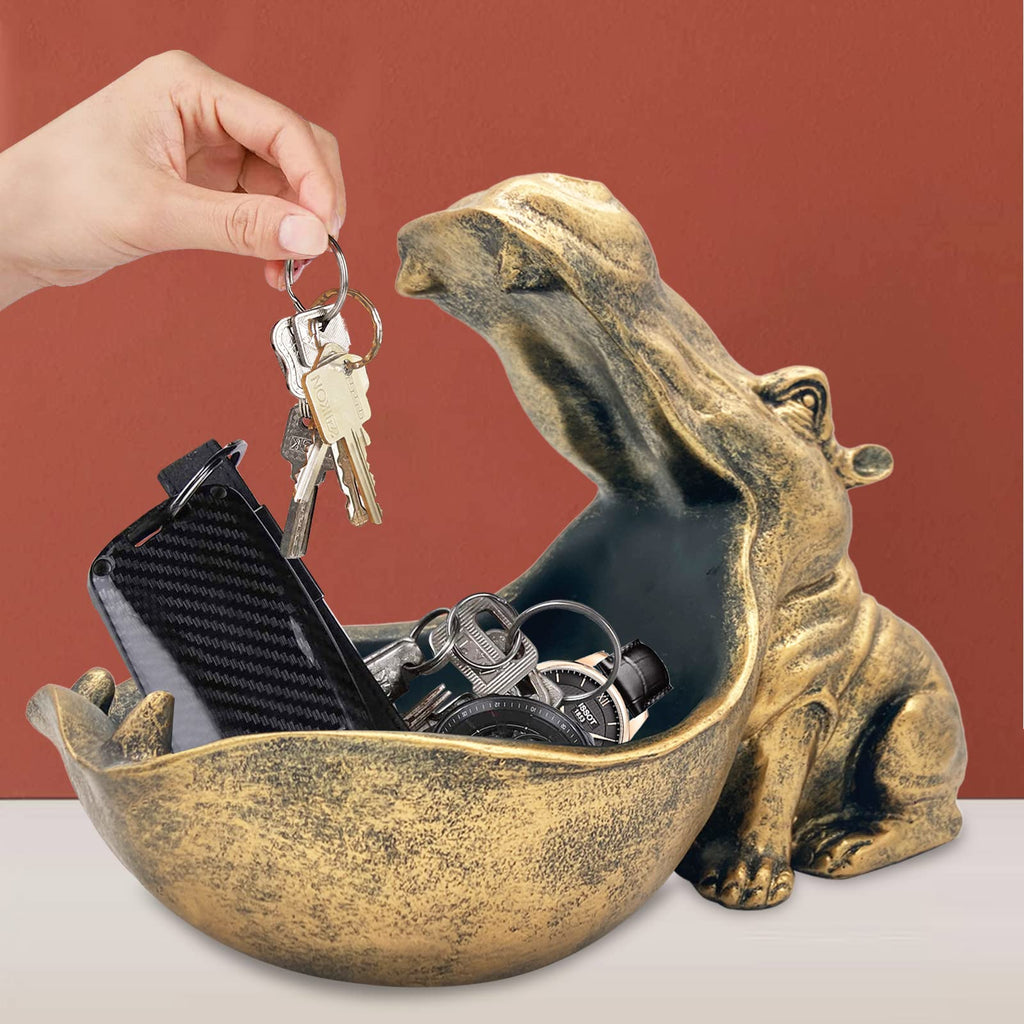 Hippo Statue Candy Dish, Funny Big Mouth Container Key Bowl, Gold