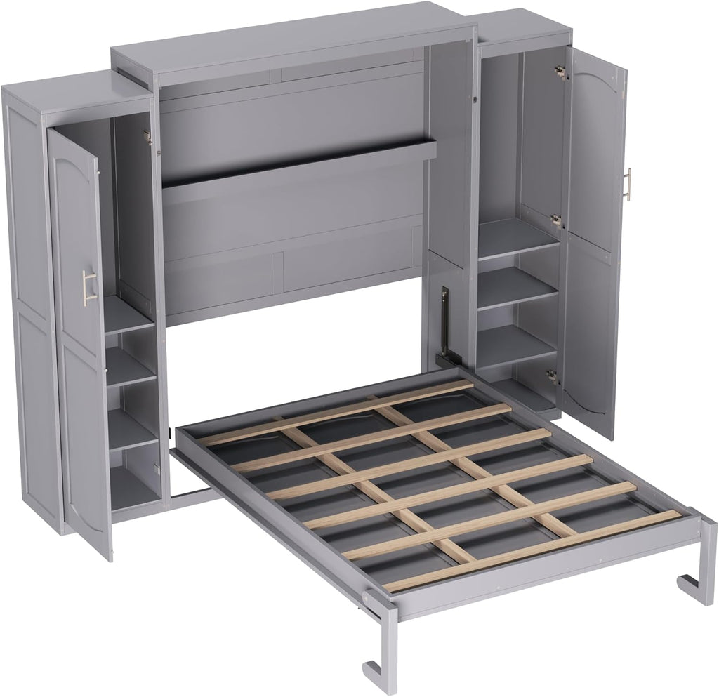 Full Vertical Murphy Bed with Wardrobe,Cabinet,and Storage Shelves,Wood Foldable Hidden Murphy Wall Bed for Adults