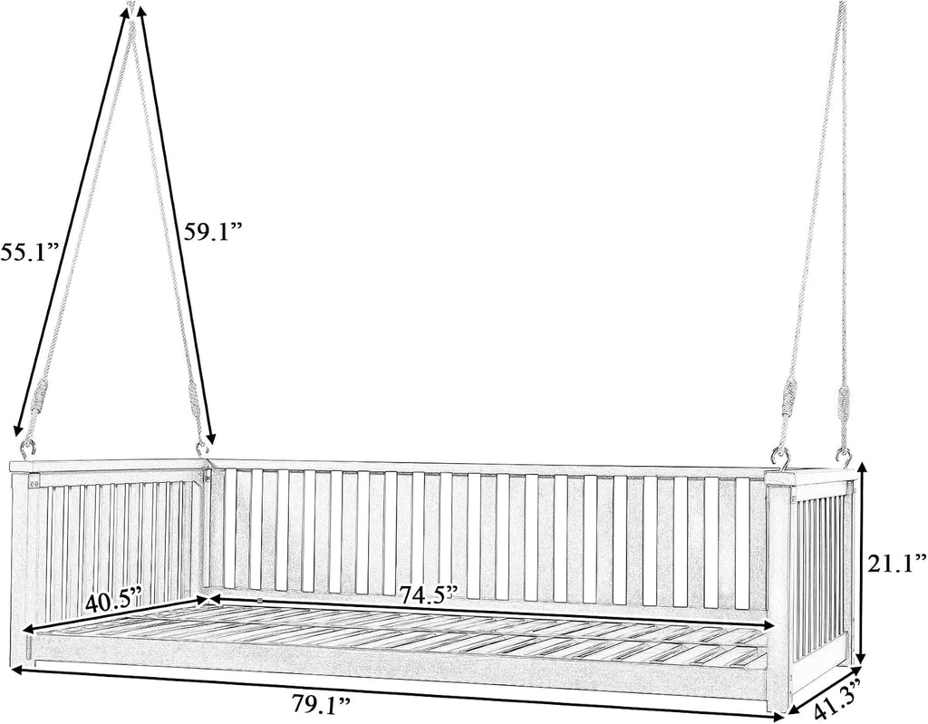79" Acacia Solid Wood Porch Swing Bed Twin Size Hanging Daybed with Hemp Ropes, Classic Patio Backyard Outdoor Wooden