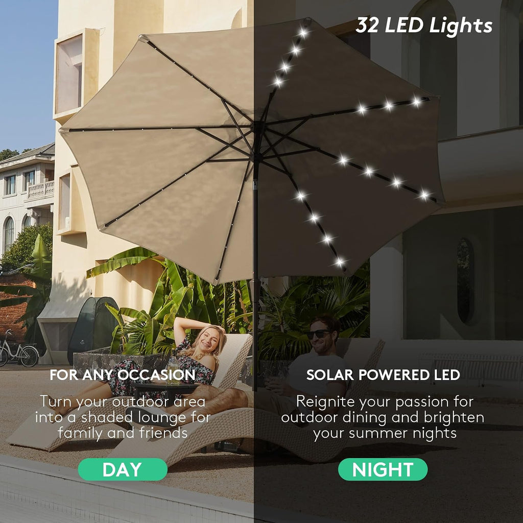 9FT Outdoor Patio Umbrella with Solar Lights, LED Lighted Pool Umbrella with Tilt and Crank - Beige