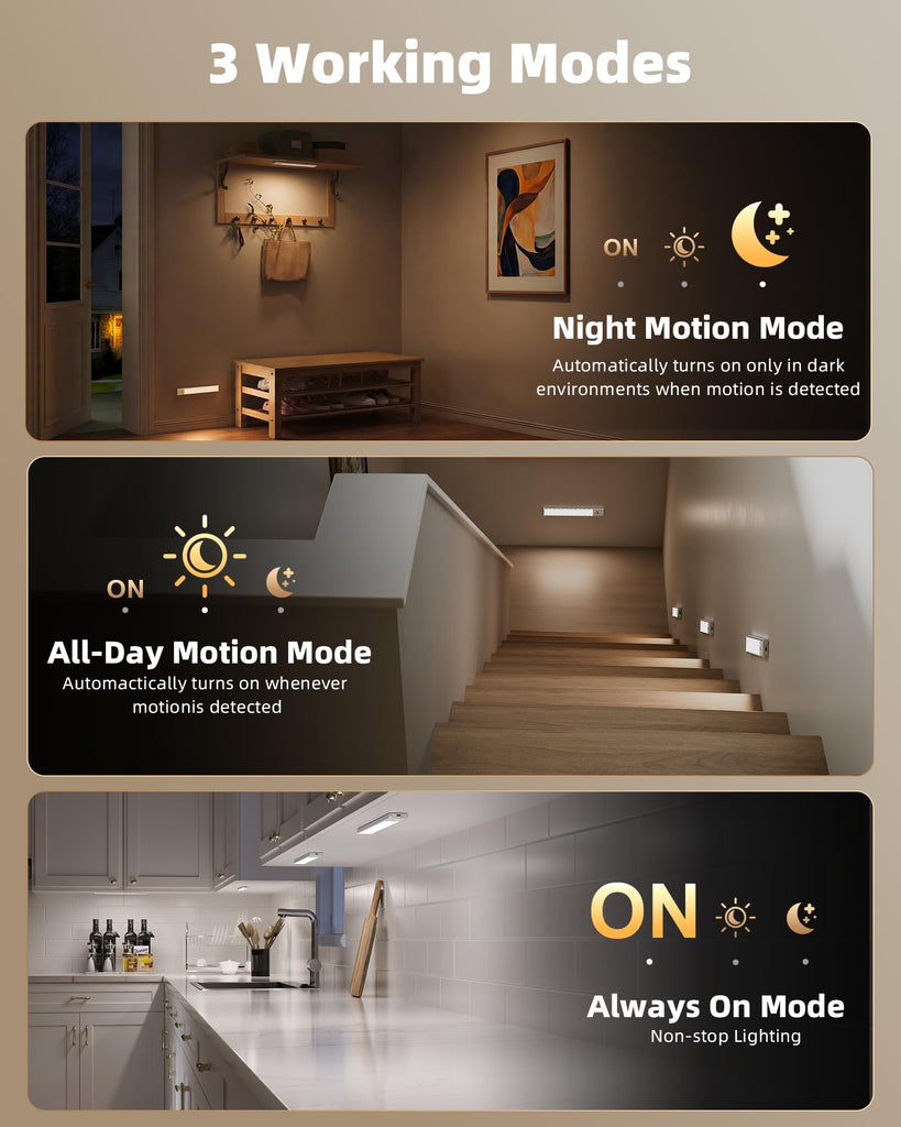 Under Cabinet Lighting Wireless, 6Pack 12'' Rechargeable Closet Lights, LED Motion Sensor Indoor, Dimmable & 3 Color
