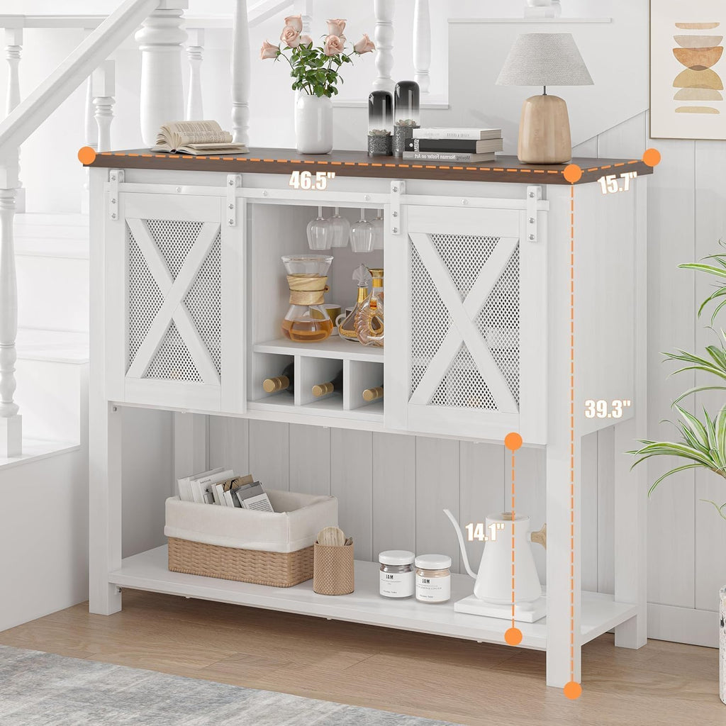 Wine Bar Cabinet with Storage - Sliding Barn Door Kitchen Buffet, Wood Sideboard Console with Wine Rack & Glass